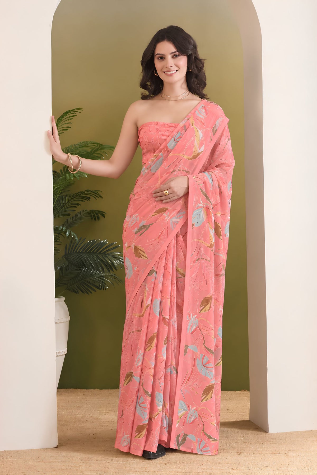 Charming Peach Pink Georgette Designer Printed Saree