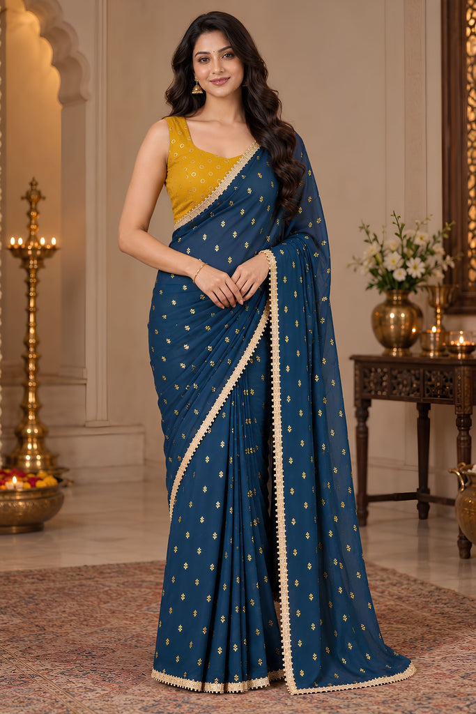 Royal Navy Blue Georgette Designer Printed Saree