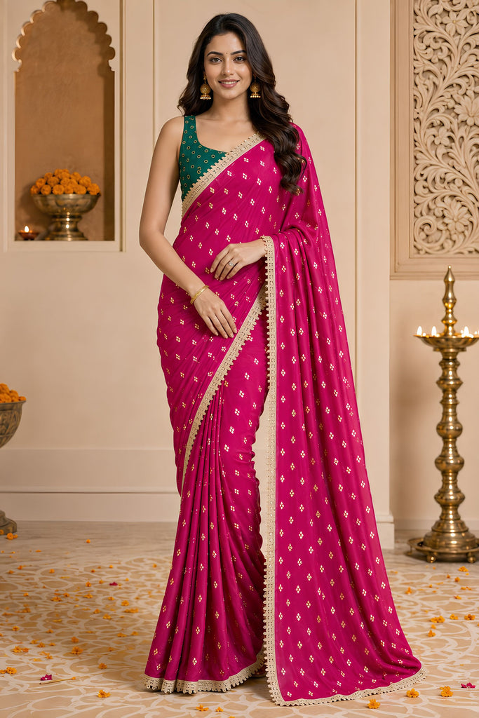 Vibrant Rani Pink Georgette Designer Printed Saree