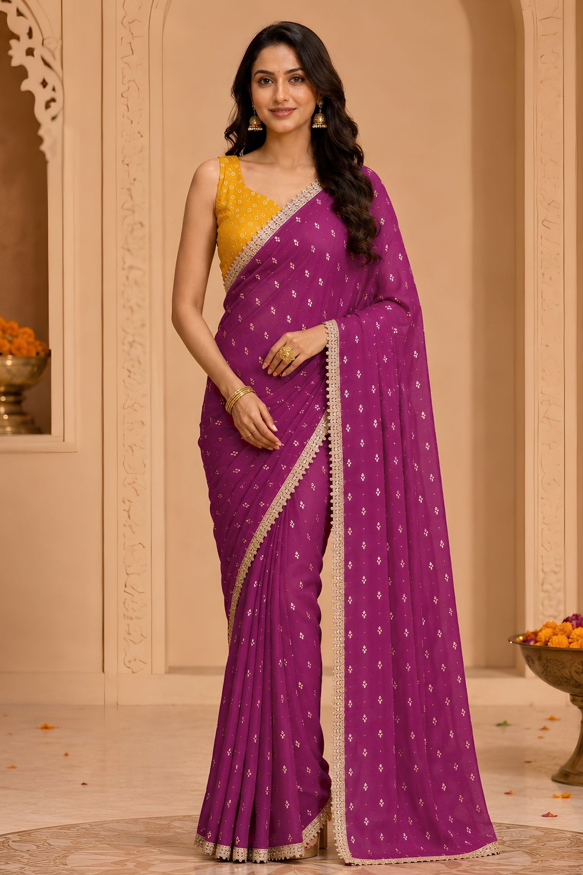 Exquisite Magenta Georgette Designer Printed Saree