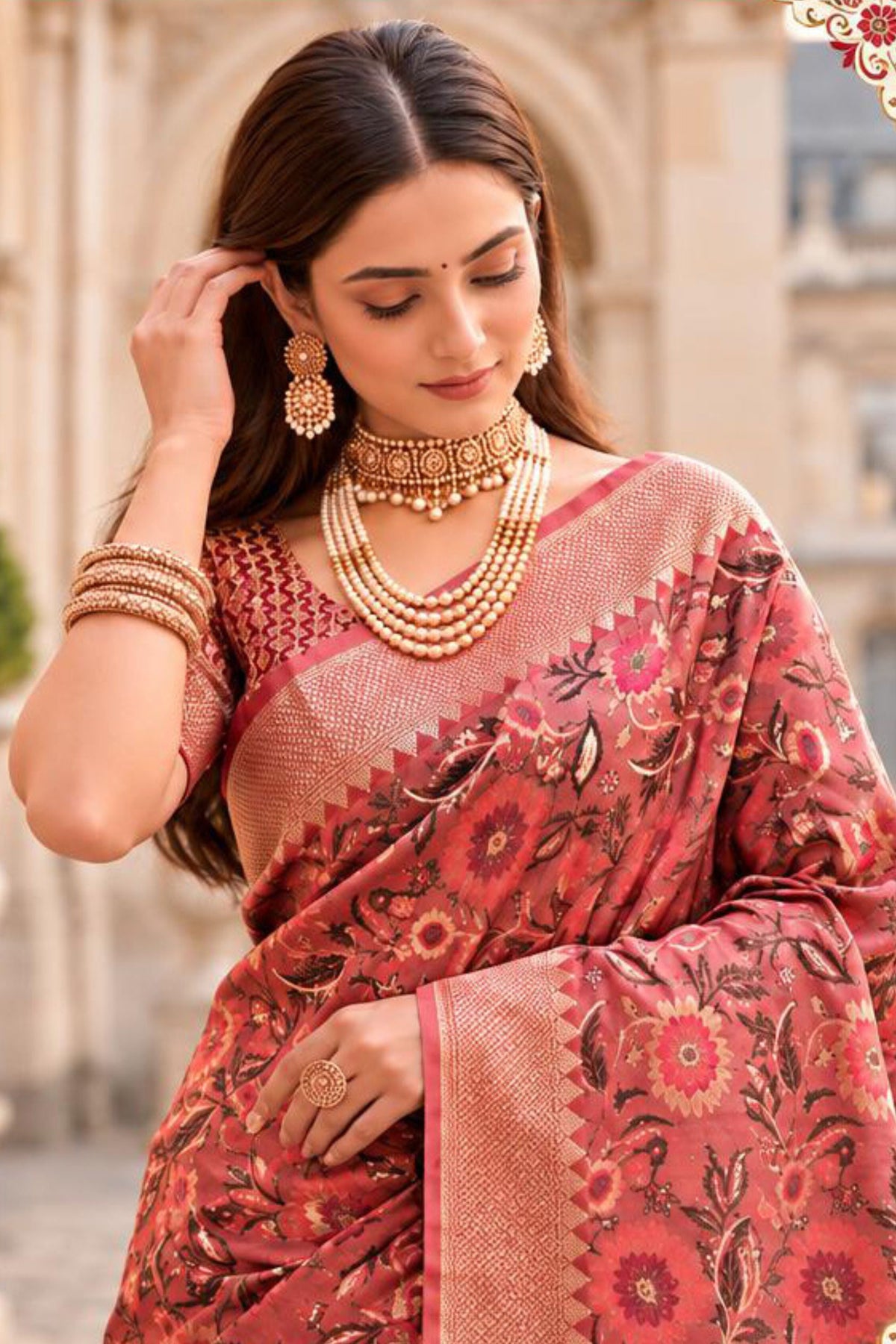 Gorgeous Coral Pink Banarasi Silk Woven Saree for Women