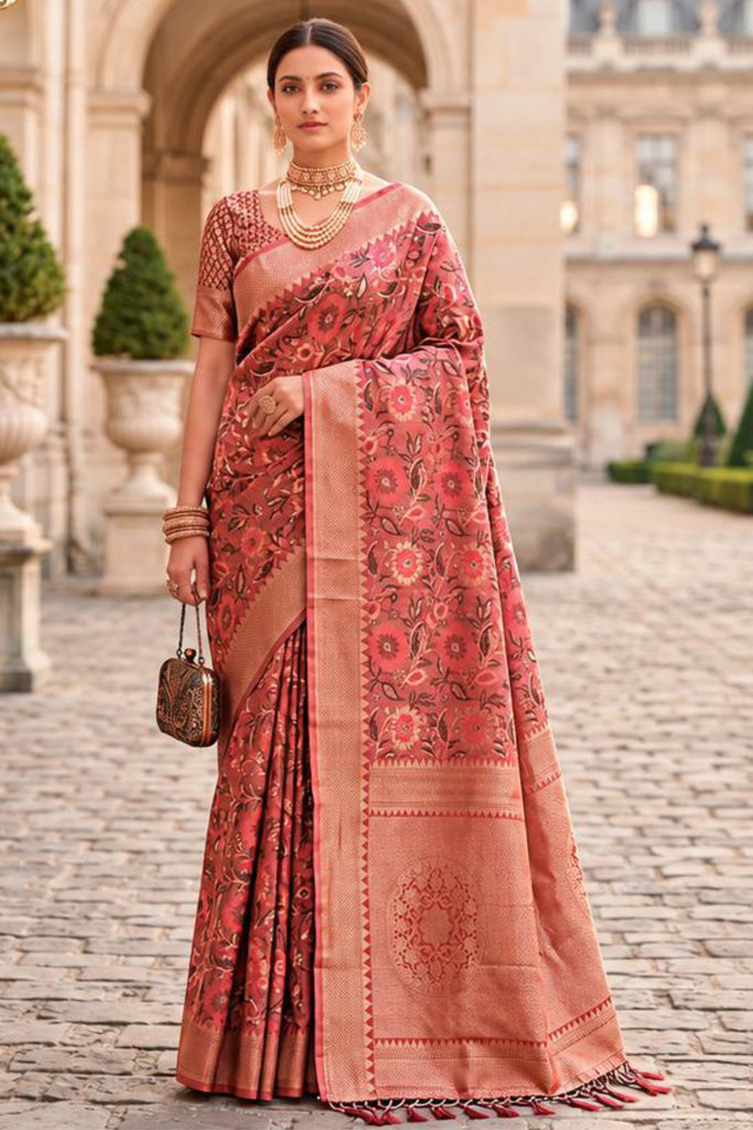 Gorgeous Coral Pink Banarasi Silk Woven Saree for Women