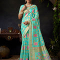 Vibrant Aqua Blue Organza Khadi Woven Designer Saree For Women