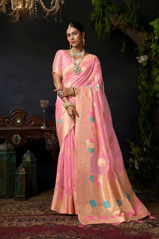 Elegant Baby Pink Organza Khadi Woven Designer Saree for Women