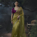 Luxury Olive Green Soft Tissue Silk Embroidery Sequin Thread Work Saree 