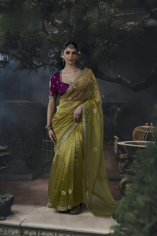 Luxury Olive Green Soft Tissue Silk Embroidery Sequin Thread Work Saree 