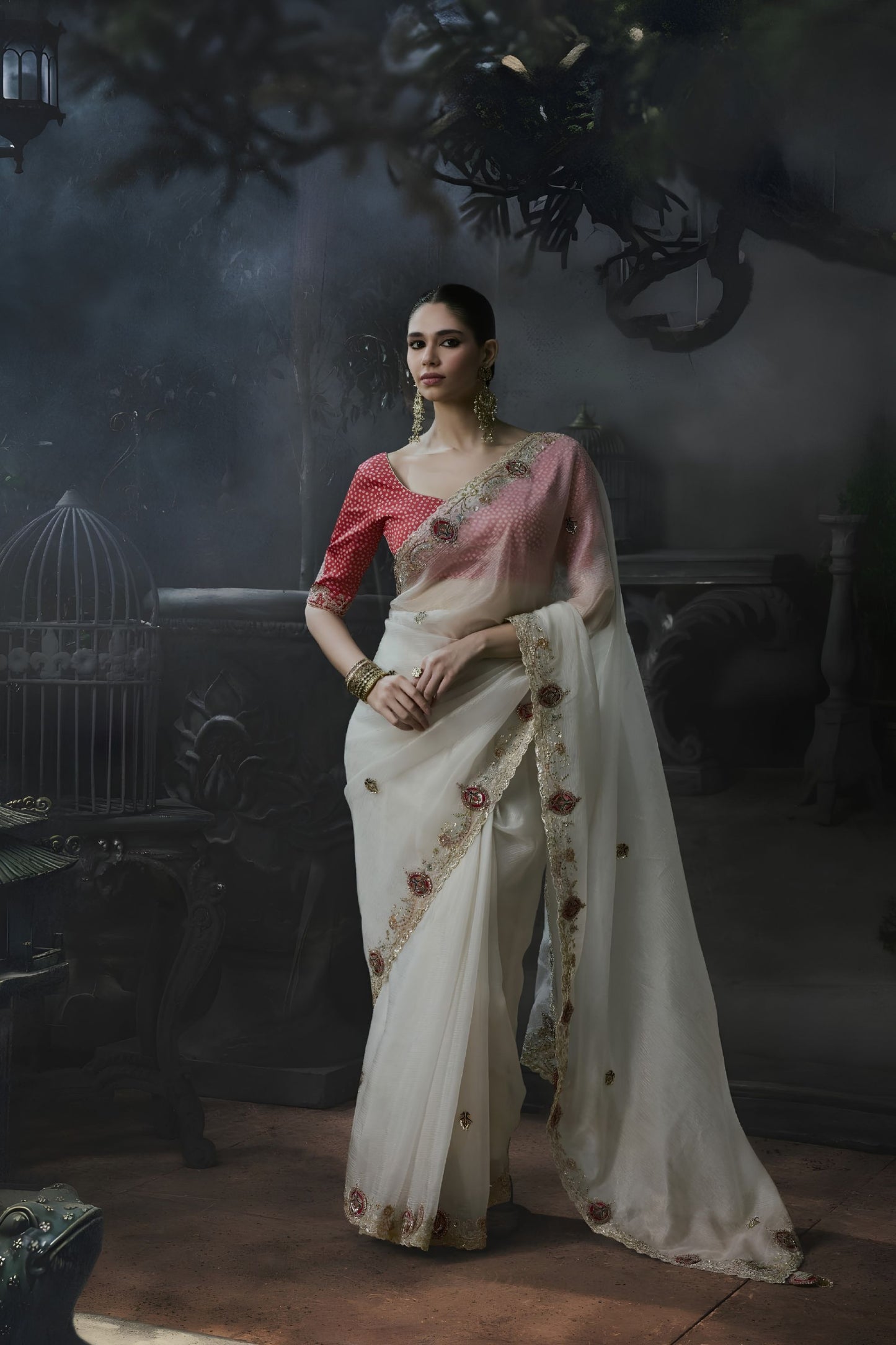Royal Off White Soft Tissue Silk Embroidery Sequin Thread Work Saree 