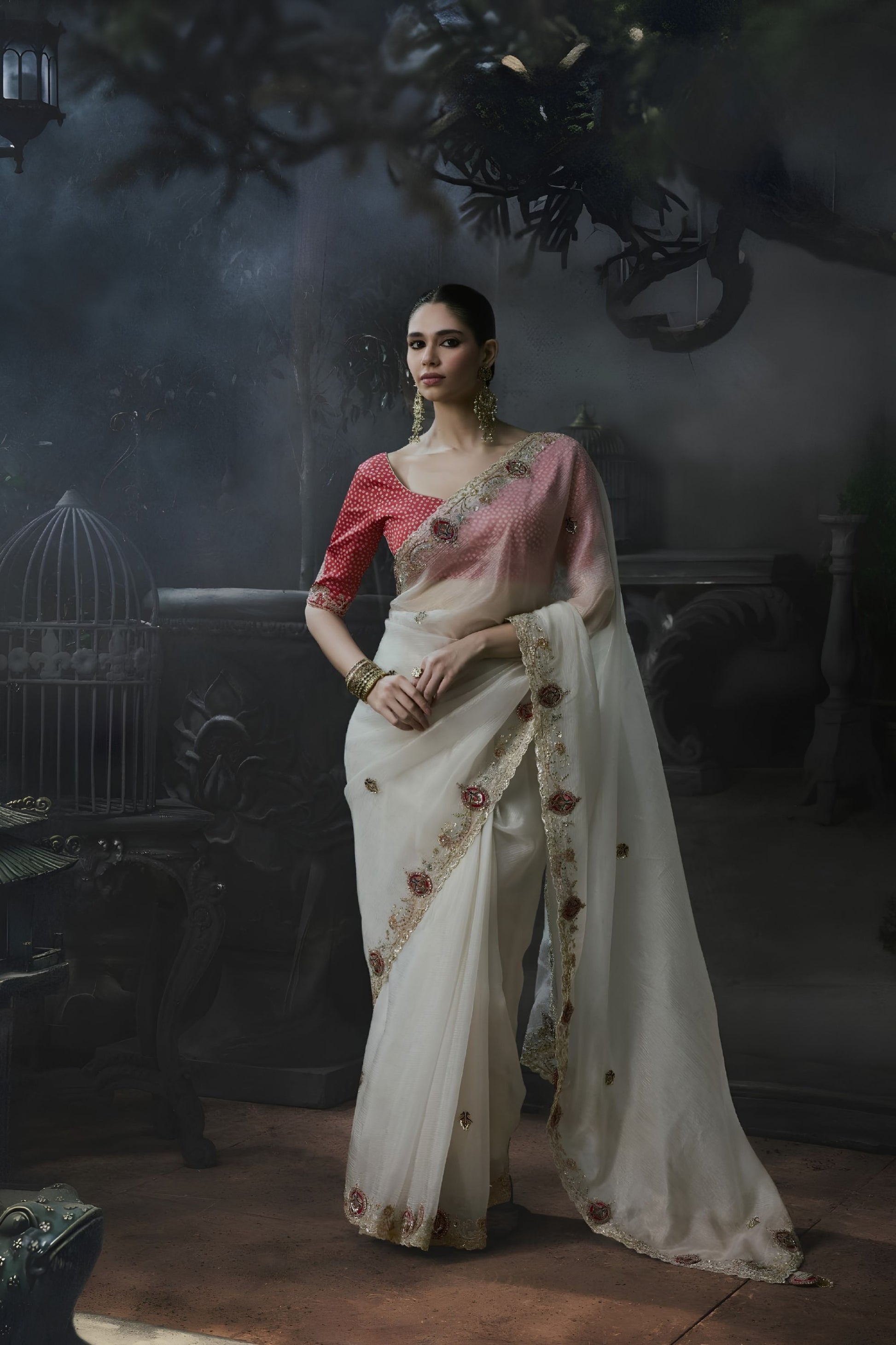 Royal Off White Soft Tissue Silk Embroidery Sequin Thread Work Saree 