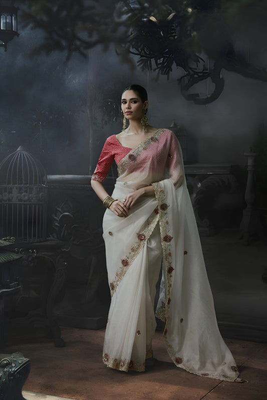 Royal Off White Soft Tissue Silk Embroidery Sequin Thread Work Saree 