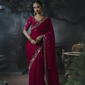 Beautiful Wine Soft Tissue Silk Embroidery Sequin Thread Work Saree 
