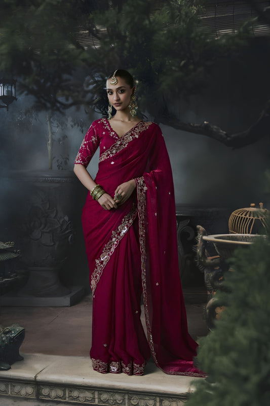 Beautiful Wine Soft Tissue Silk Embroidery Sequin Thread Work Saree 