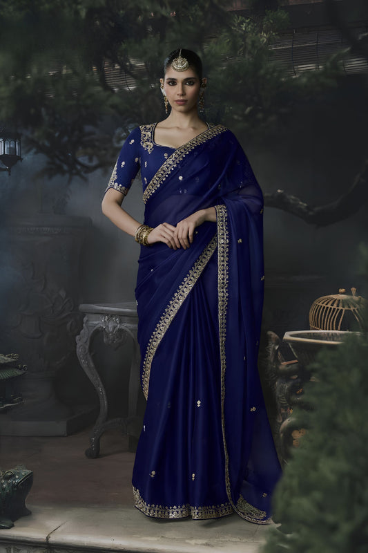 Royal Blue Soft Tissue Silk Embroidery Sequin Thread Work Saree for Women