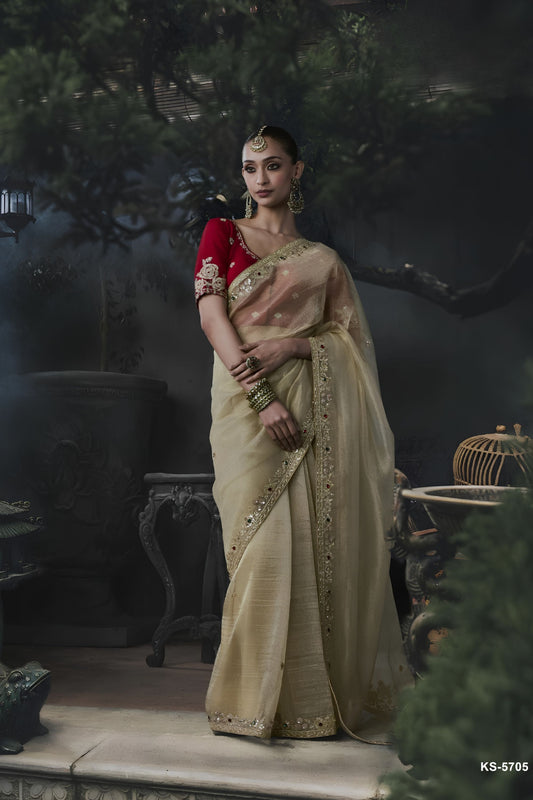 Stylish Beige Soft Tissue Silk Embroidery Sequin Thread Work Saree 