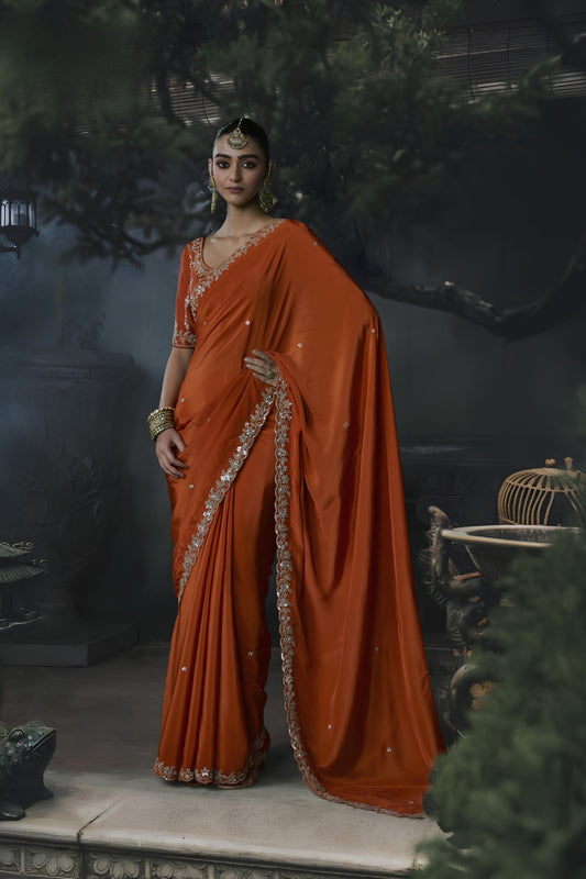 Graceful Rust Orange Soft Tissue Silk Embroidery Sequin Thread Work Saree