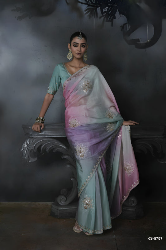 Pastel Multicolor Soft Tissue Silk Embroidery Sequin Thread Work Saree 