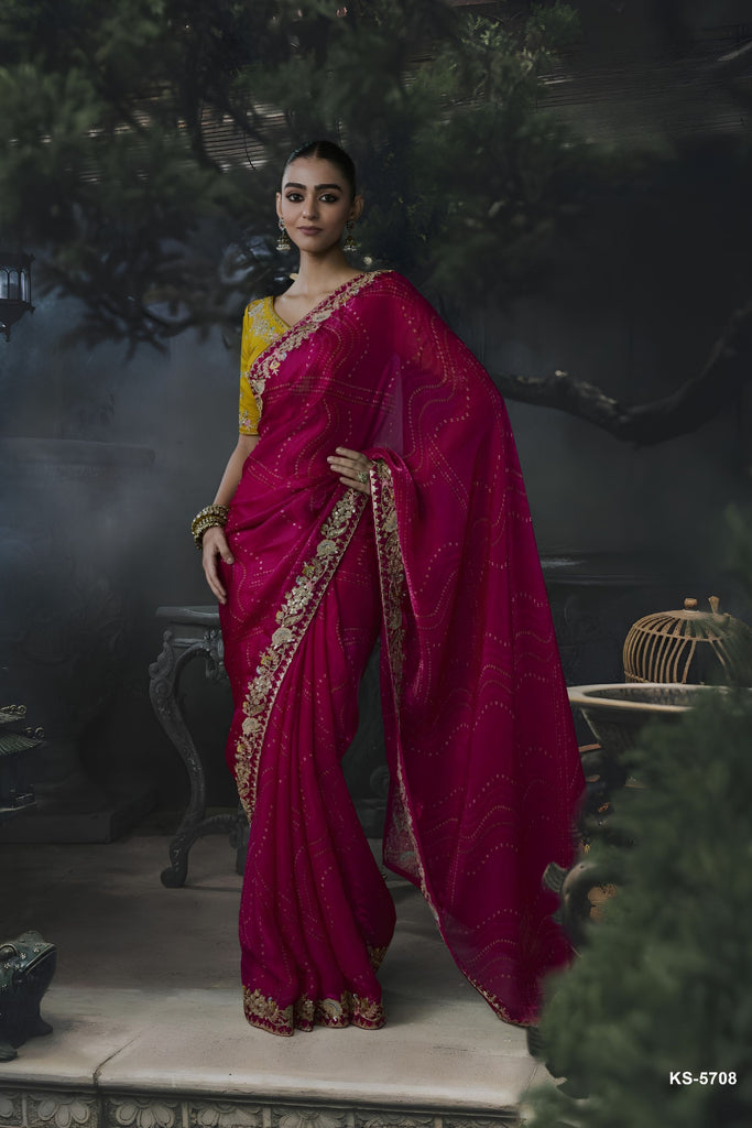 Luxury Rani Pink Soft Tissue Silk Embroidery Sequin Thread Work Saree