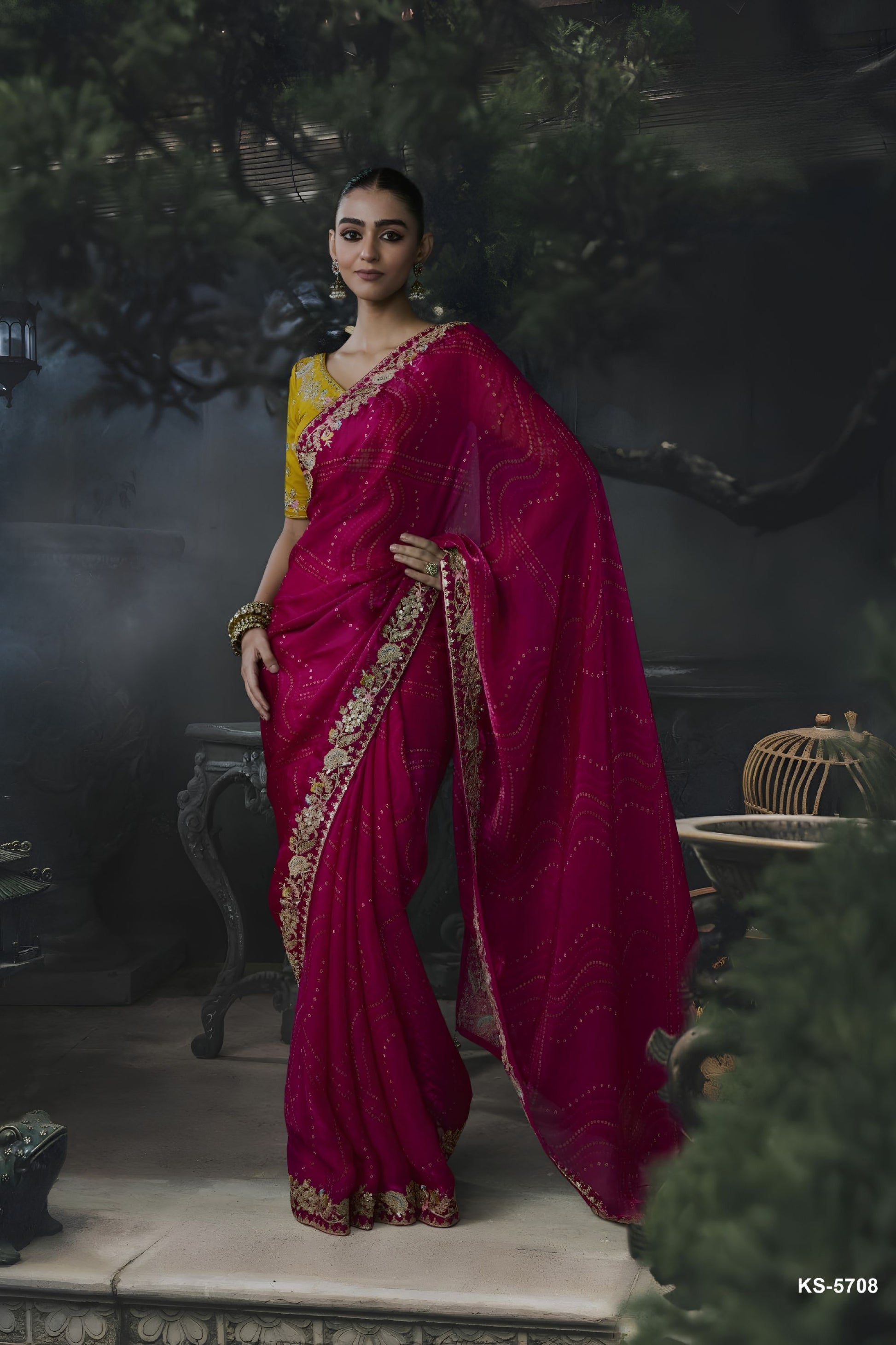 Luxury Rani Pink Soft Tissue Silk Embroidery Sequin Thread Work Saree