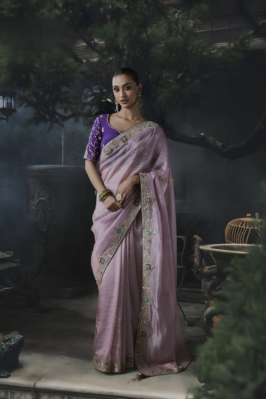 Royal Lavender Pink Soft Tissue Silk Embroidery Sequin Thread Work Saree