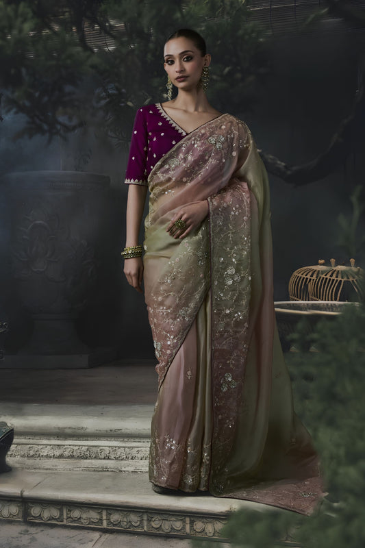 Premium Pastel Pink Soft Tissue Silk Embroidery Sequin Thread Work Saree