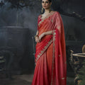 Lovely Coral Red Soft Tissue Silk Embroidery Sequin Thread Work Saree