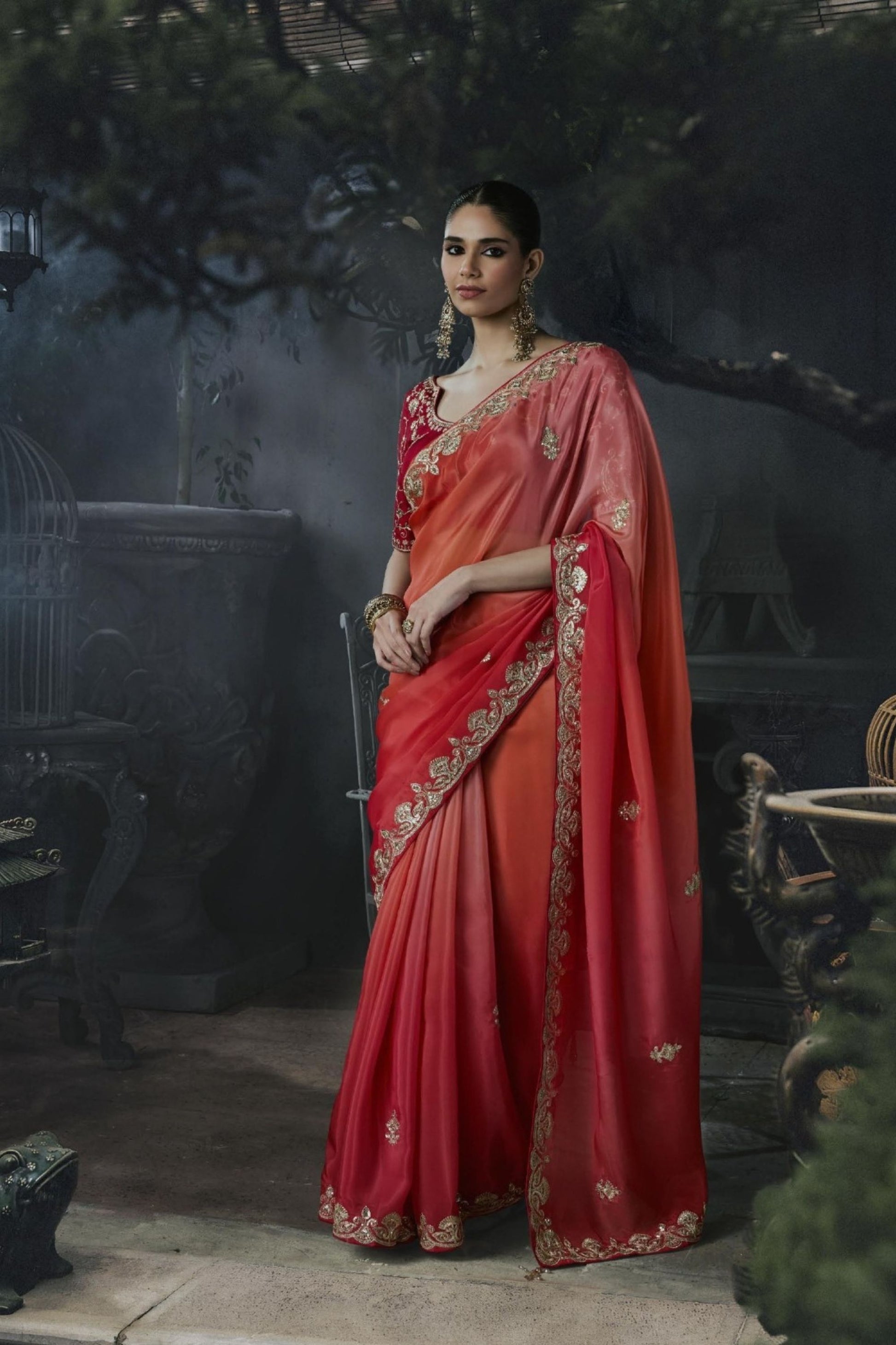 Lovely Coral Red Soft Tissue Silk Embroidery Sequin Thread Work Saree