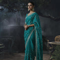 Stylish Teal Blue Soft Tissue Silk Embroidery Sequin Thread Work Saree