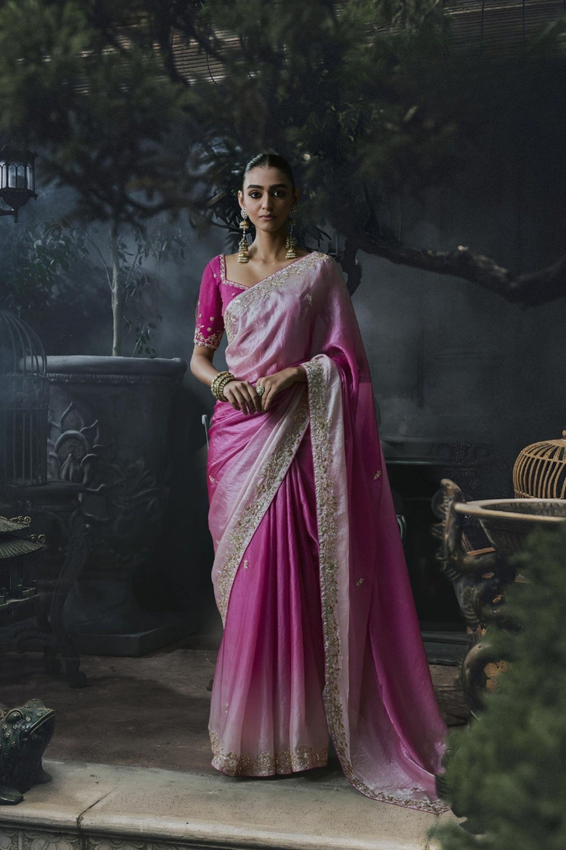 Beautiful Pink Soft Tissue Silk Embroidery Sequin Thread Work Saree 