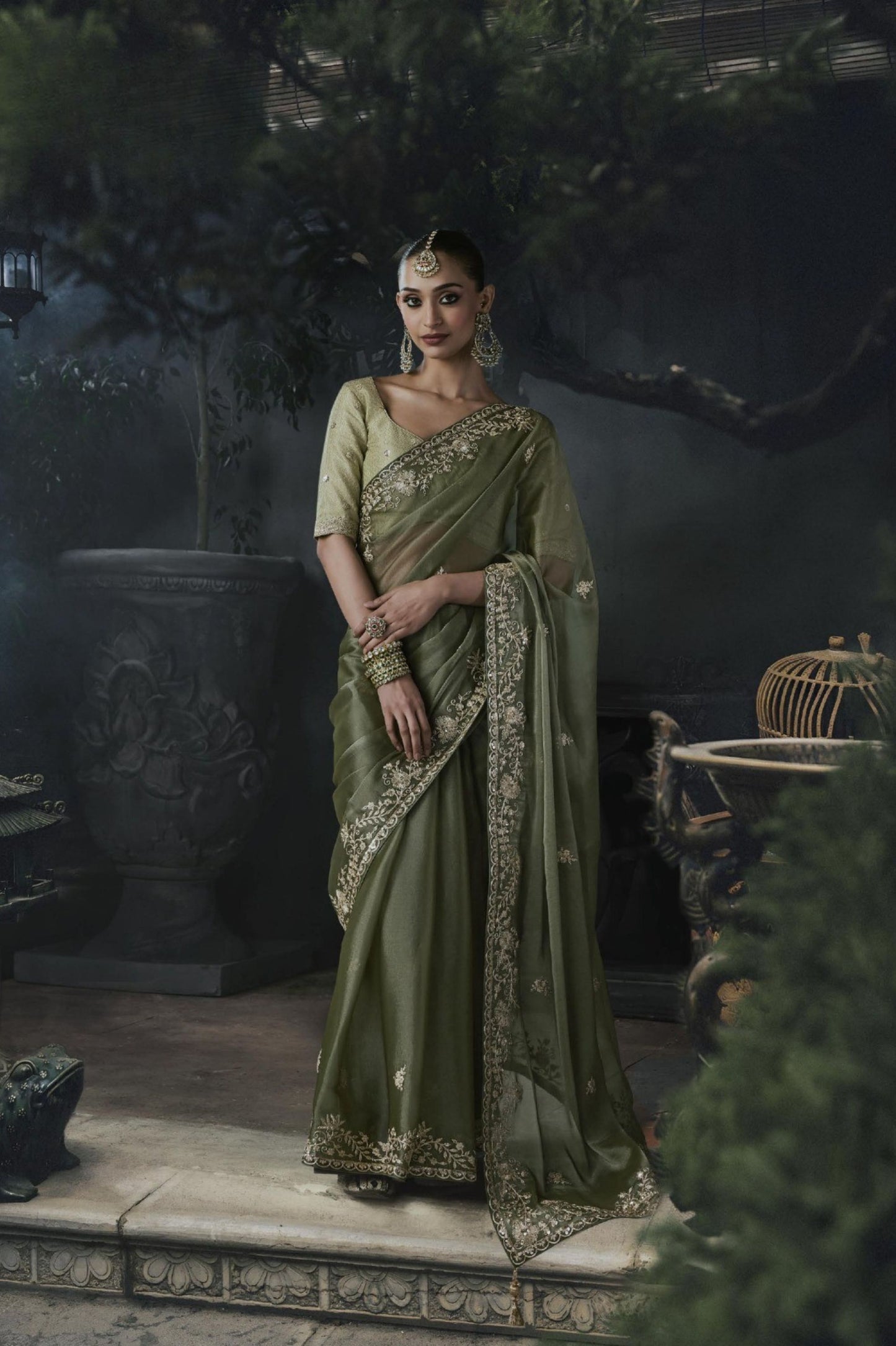 Graceful Olive Green Soft Tissue Silk Embroidery Sequin Thread Work Saree