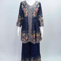 Navy Blue Sharara Suit with Mirror Work, Floral Embroidery, and Matching Dupatta