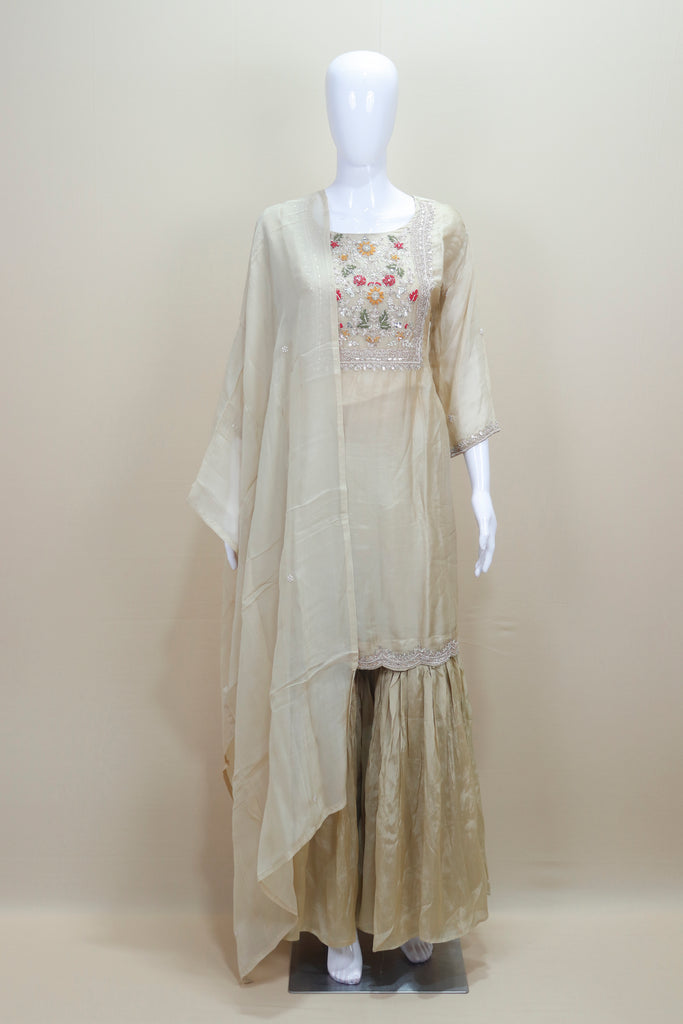 Beige Organza Sharara Suit with Floral Embroidered Kurti and Dupatta