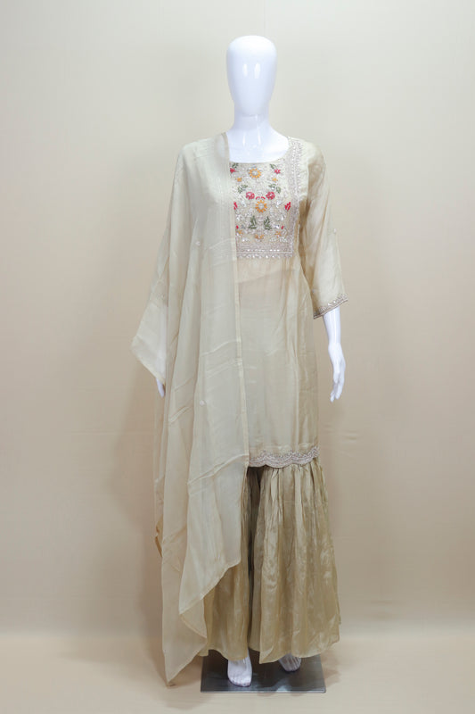 Beige Organza Sharara Suit with Floral Embroidered Kurti and Dupatta