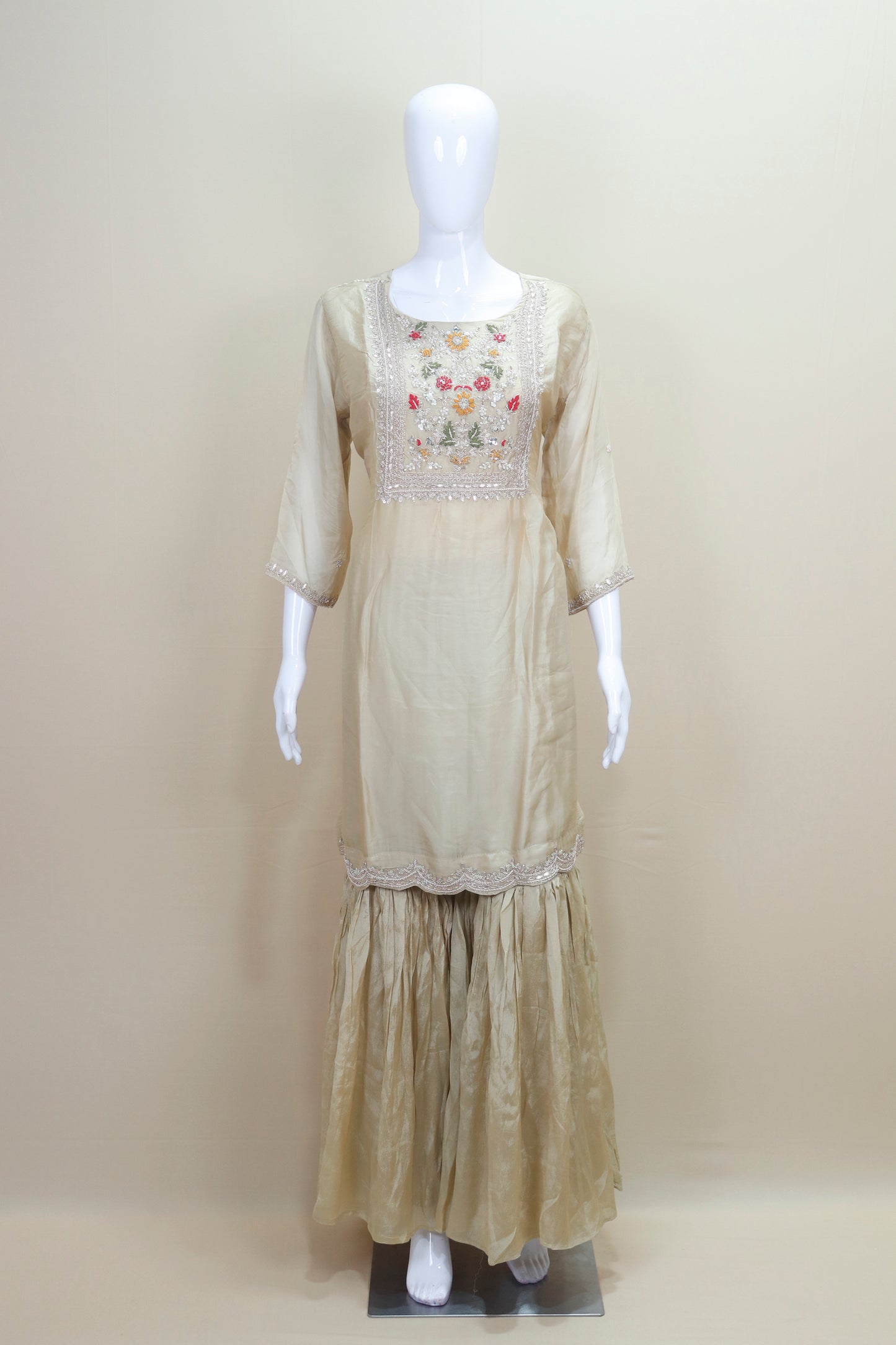 Beige Organza Sharara Suit with Floral Embroidered Kurti and Dupatta