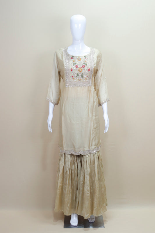 Beige Organza Sharara Suit with Floral Embroidered Kurti and Dupatta