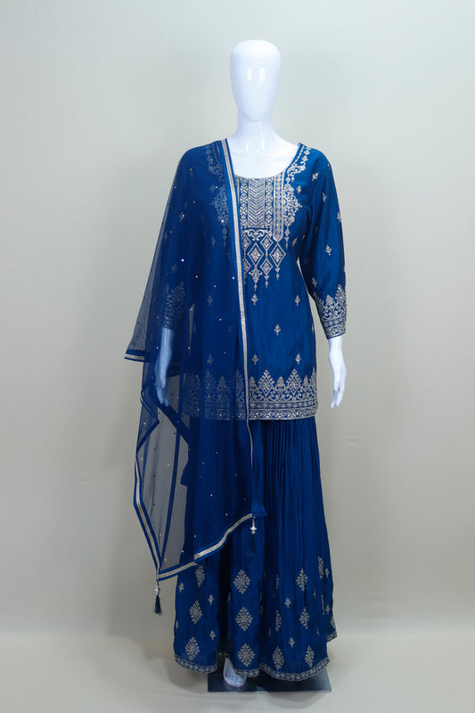 Royal Blue Georgette Sharara Suit with Silver Embroidery and Net Dupatta