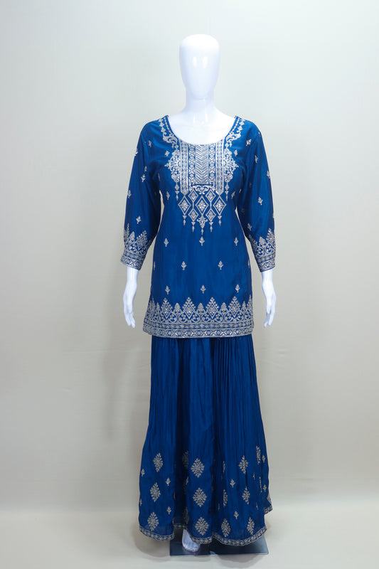 Royal Blue Georgette Sharara Suit with Silver Embroidery and Net Dupatta