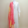 White Mirror Work Anarkali Kurta Set with Multicolor Bandhani Dupatta