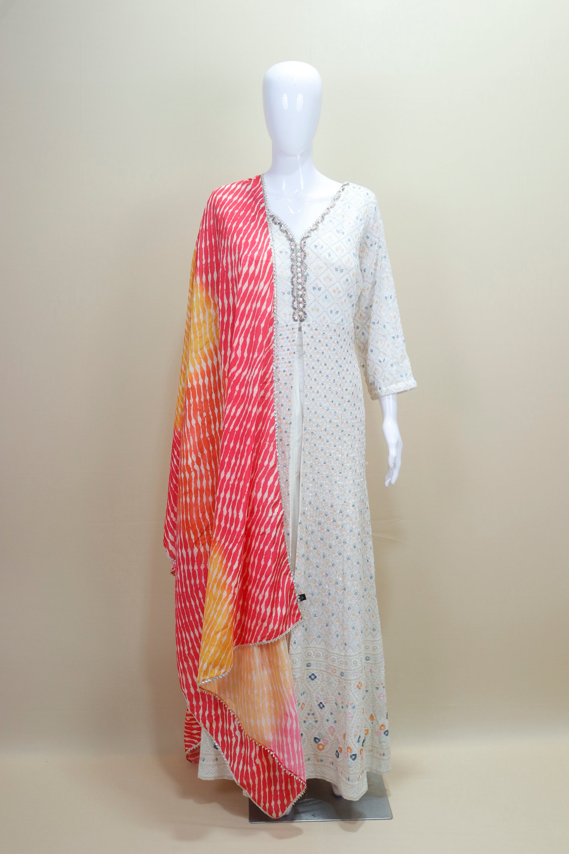 White Mirror Work Anarkali Kurta Set with Multicolor Bandhani Dupatta