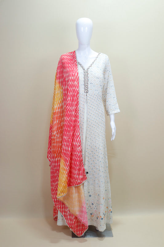 White Mirror Work Anarkali Kurta Set with Multicolor Bandhani Dupatta