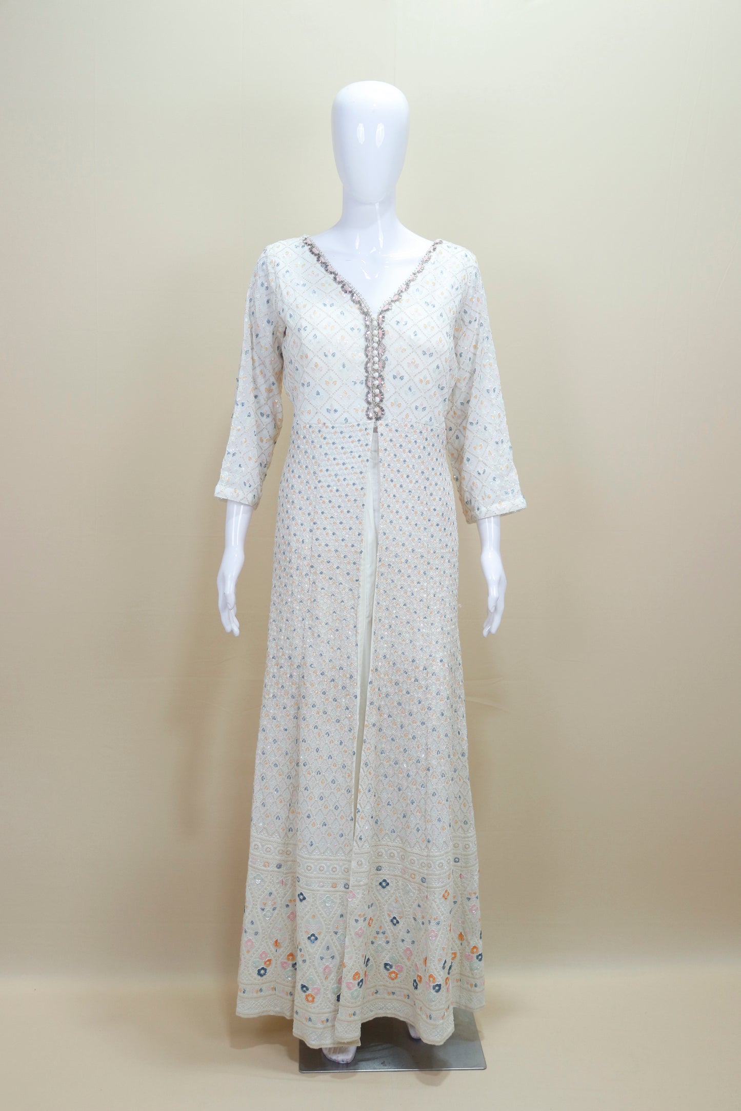 White Mirror Work Anarkali Kurta Set with Multicolor Bandhani Dupatta