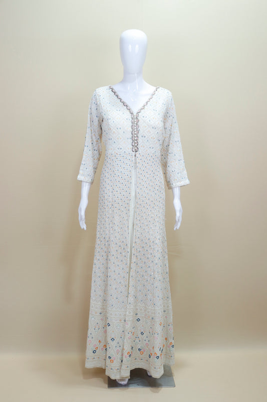 White Mirror Work Anarkali Kurta Set with Multicolor Bandhani Dupatta
