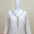 White Mirror Work Anarkali Kurta Set with Multicolor Bandhani Dupatta