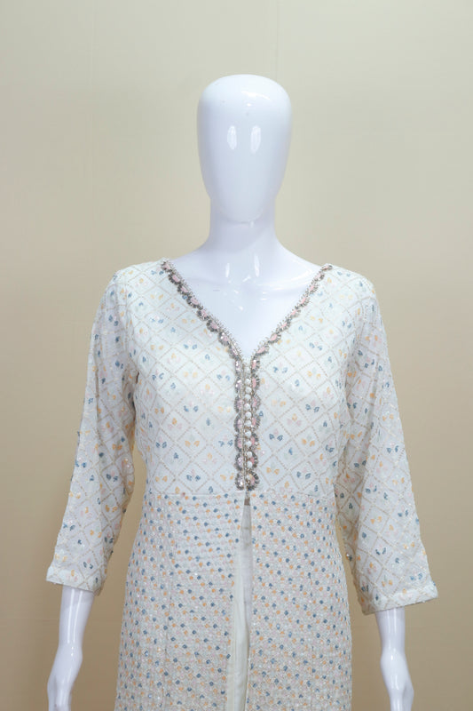 White Mirror Work Anarkali Kurta Set with Multicolor Bandhani Dupatta