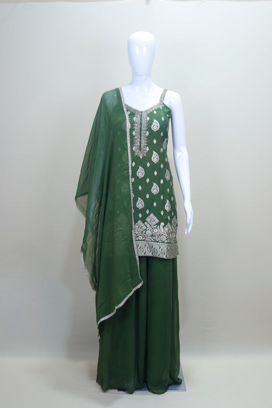 Bottle Green Georgette Sharara Suit with Silver Zari Embroidery and Dupatta