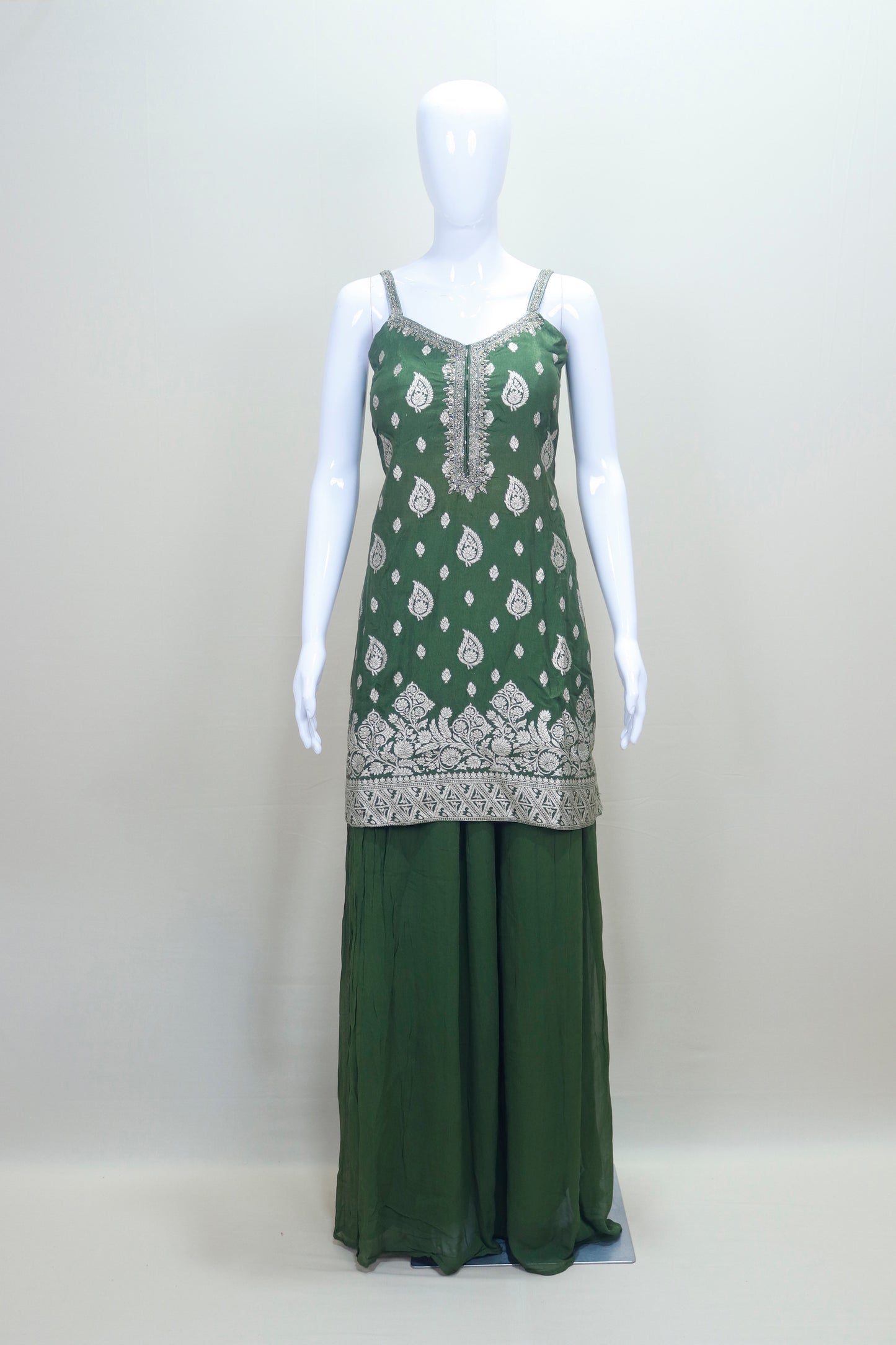 Bottle Green Georgette Sharara Suit with Silver Zari Embroidery and Dupatta