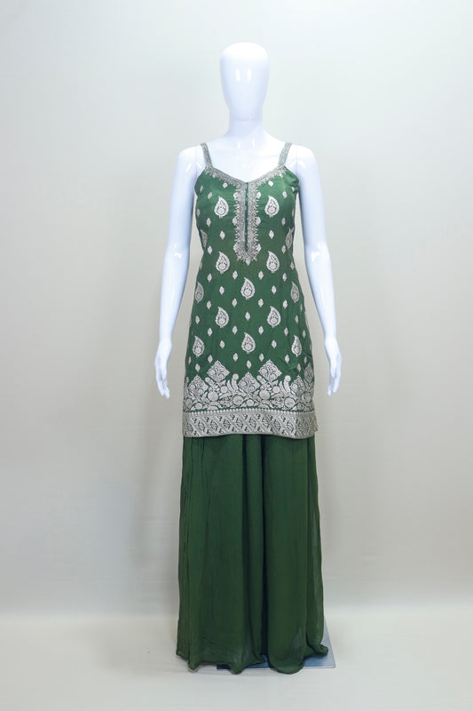 Bottle Green Georgette Sharara Suit with Silver Zari Embroidery and Dupatta