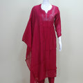 Wine Red Georgette Kurta Set with Embroidered Neckline and Dupatta