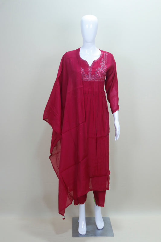 Wine Red Georgette Kurta Set with Embroidered Neckline and Dupatta