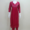 Wine Red Georgette Kurta Set with Embroidered Neckline and Dupatta