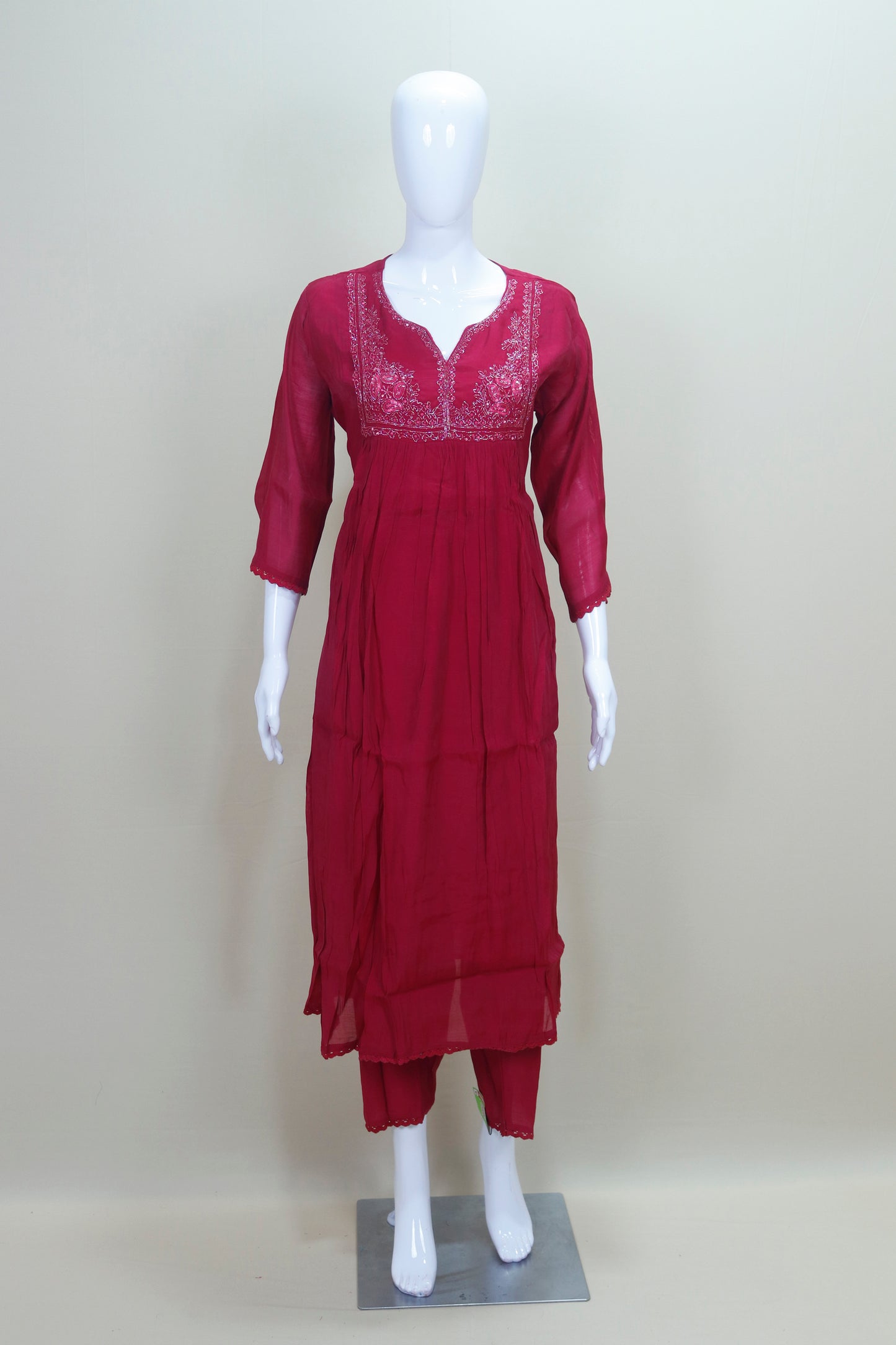 Wine Red Georgette Kurta Set with Embroidered Neckline and Dupatta