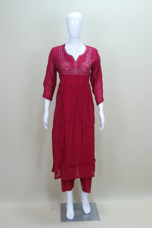 Wine Red Georgette Kurta Set with Embroidered Neckline and Dupatta